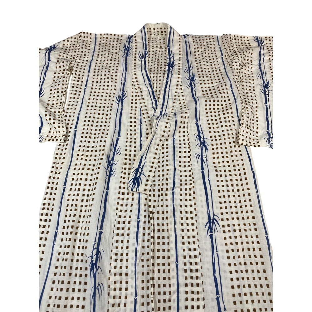 Vintage Japanese Yukata Kimono Robe White Blue Bamboo Cotton‎ Loungewear 52in L